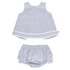 RuffleButts Baby Swimming Clothes*- Girls Blue Seersucker Ric Rac Swing Top & Bloomer Set
