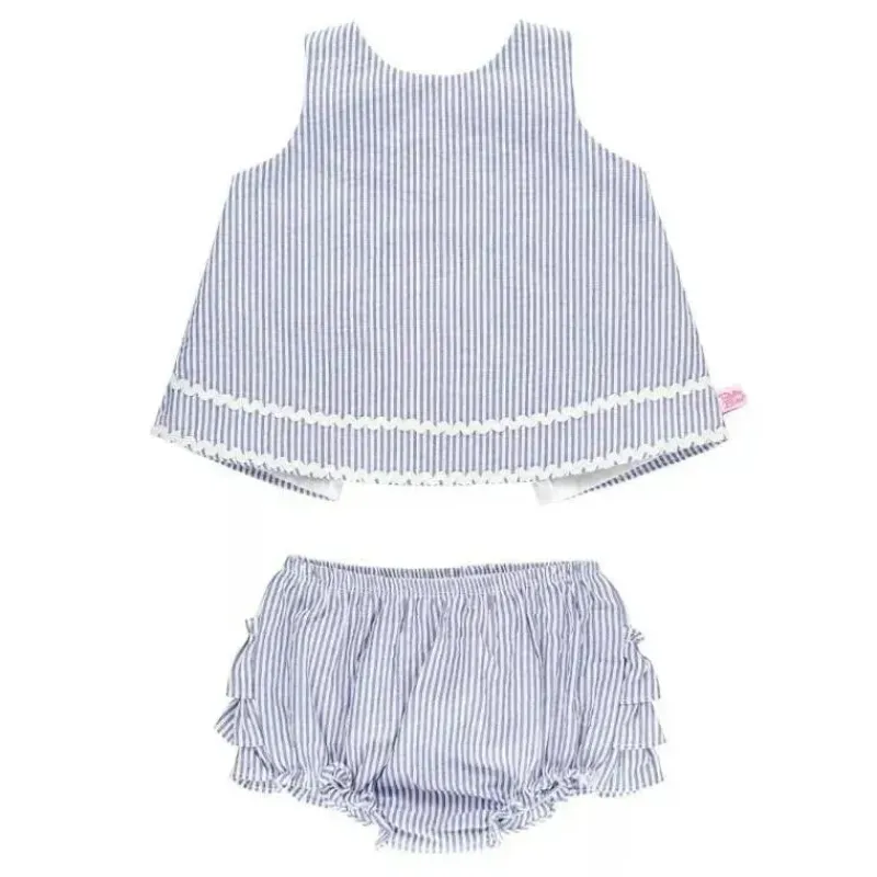 RuffleButts Baby Swimming Clothes*- Girls Blue Seersucker Ric Rac Swing Top & Bloomer Set