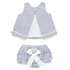 RuffleButts Baby Swimming Clothes*- Girls Blue Seersucker Ric Rac Swing Top & Bloomer Set