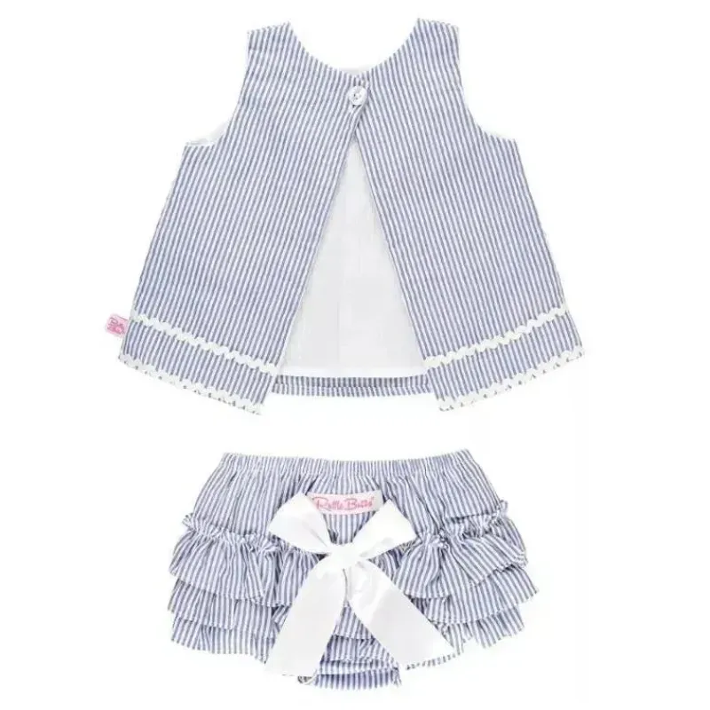 RuffleButts Baby Swimming Clothes*- Girls Blue Seersucker Ric Rac Swing Top & Bloomer Set