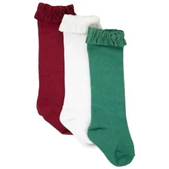 RuffleButts Baby Gloves & Socks*- Girls 3-Pack Knee High Ruffle Socks, Dark Cherry, White, & Fir Green Red