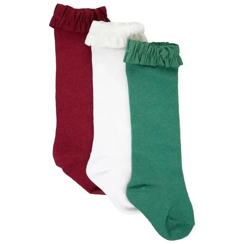 RuffleButts Baby Gloves & Socks*- Girls 3-Pack Knee High Ruffle Socks, Dark Cherry, White, & Fir Green Red