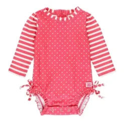 RuffleButts Baby Swimming Clothes*- Hot Pink Heart Long Sleeve One Piece Rash Guard, Pink