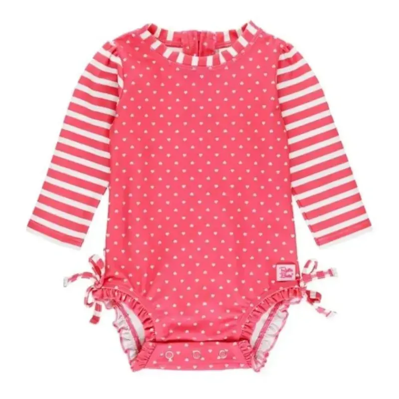 RuffleButts Baby Swimming Clothes*- Hot Pink Heart Long Sleeve One Piece Rash Guard, Pink