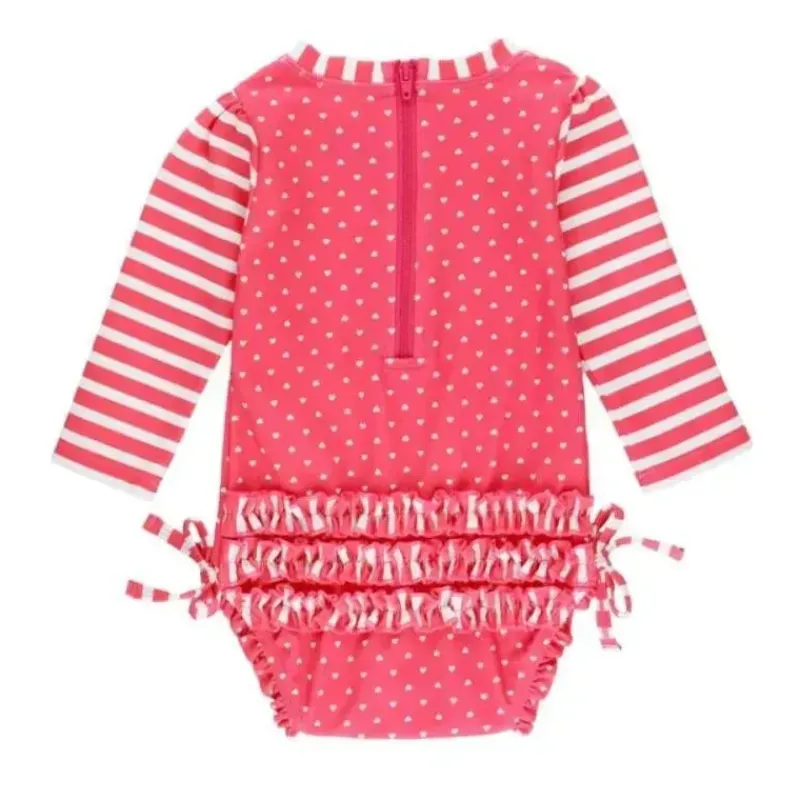 RuffleButts Baby Swimming Clothes*- Hot Pink Heart Long Sleeve One Piece Rash Guard, Pink