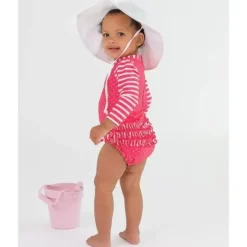 RuffleButts Baby Swimming Clothes*- Hot Pink Heart Long Sleeve One Piece Rash Guard, Pink