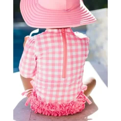 RuffleButts Baby Swimming Clothes*- Long Sleeve One Piece Rash Guard, Bubblegum Pink