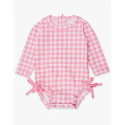 RuffleButts Baby Swimming Clothes*- Long Sleeve One Piece Rash Guard, Bubblegum Pink