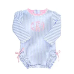 RuffleButts Baby Swimming Clothes*- Periwinkle Blue Seersucker One Piece Rash Guard