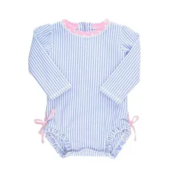 RuffleButts Baby Swimming Clothes*- Periwinkle Blue Seersucker One Piece Rash Guard