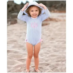 RuffleButts Baby Swimming Clothes*- Periwinkle Blue Seersucker One Piece Rash Guard