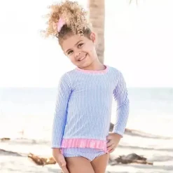 RuffleButts Baby Swimming Clothes*- Periwinkle Blue Seersucker Rash Guard Bikini