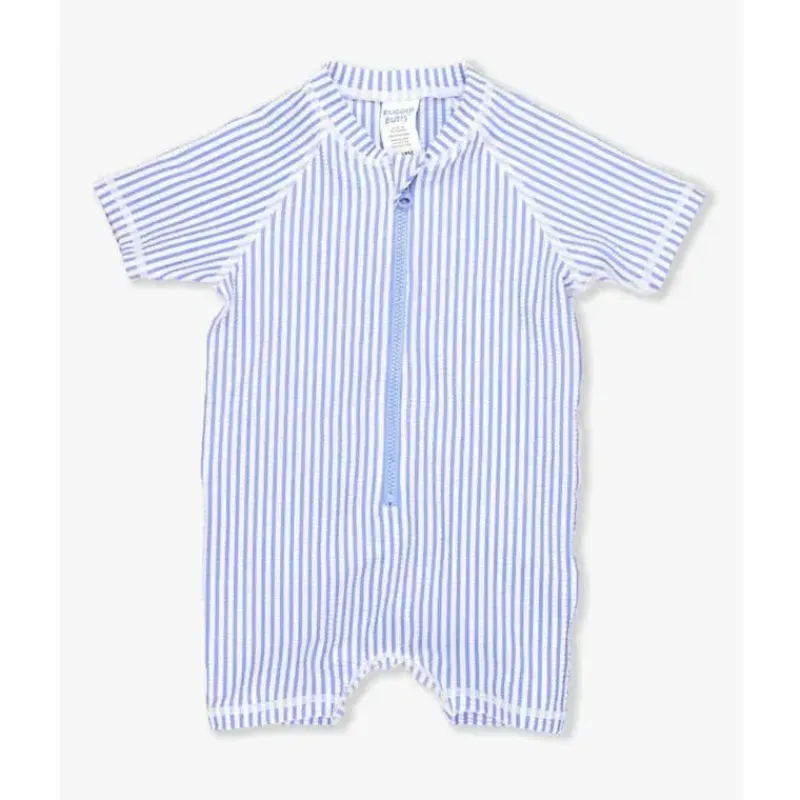 RuffleButts Baby Swimming Clothes*- Periwinkle Blue Seersucker Short Sleeve One Piece Rash Guard