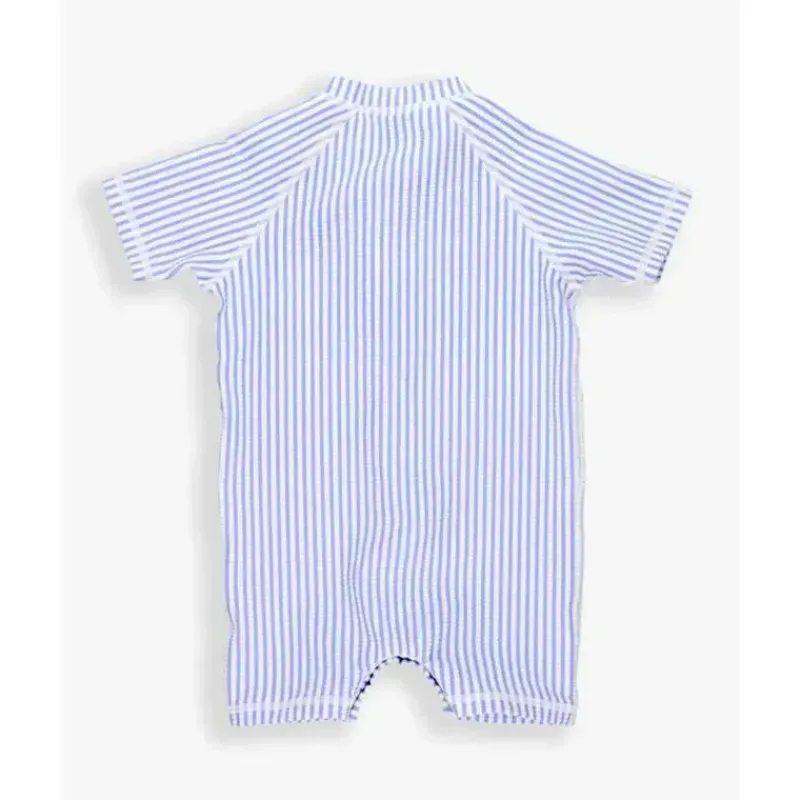 RuffleButts Baby Swimming Clothes*- Periwinkle Blue Seersucker Short Sleeve One Piece Rash Guard