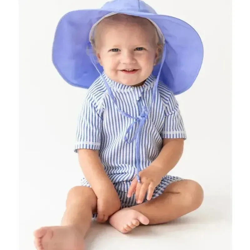 RuffleButts Baby Swimming Clothes*- Periwinkle Blue Seersucker Short Sleeve One Piece Rash Guard