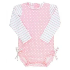 RuffleButts Baby Swimming Clothes*- Pink Polka Dot One Piece Rash Guard, 6/12M