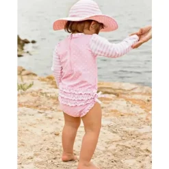 RuffleButts Baby Swimming Clothes*- Pink Polka Dot One Piece Rash Guard, 6/12M