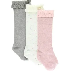 RuffleButts Baby Gloves & Socks*- 3Pk Confetti Ivory, Sparkle Gray & Ballet Pink Socks