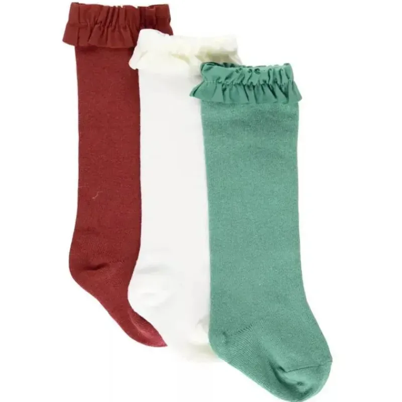 RuffleButts Baby Gloves & Socks*- 3Pk Rosewood, Ivory & Spruce Knee High Socks