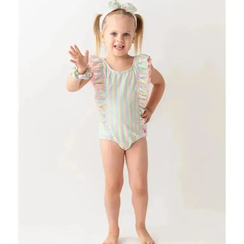 RuffleButts Baby Swimming Clothes*- Rainbow Seersucker Waterfall One Piece