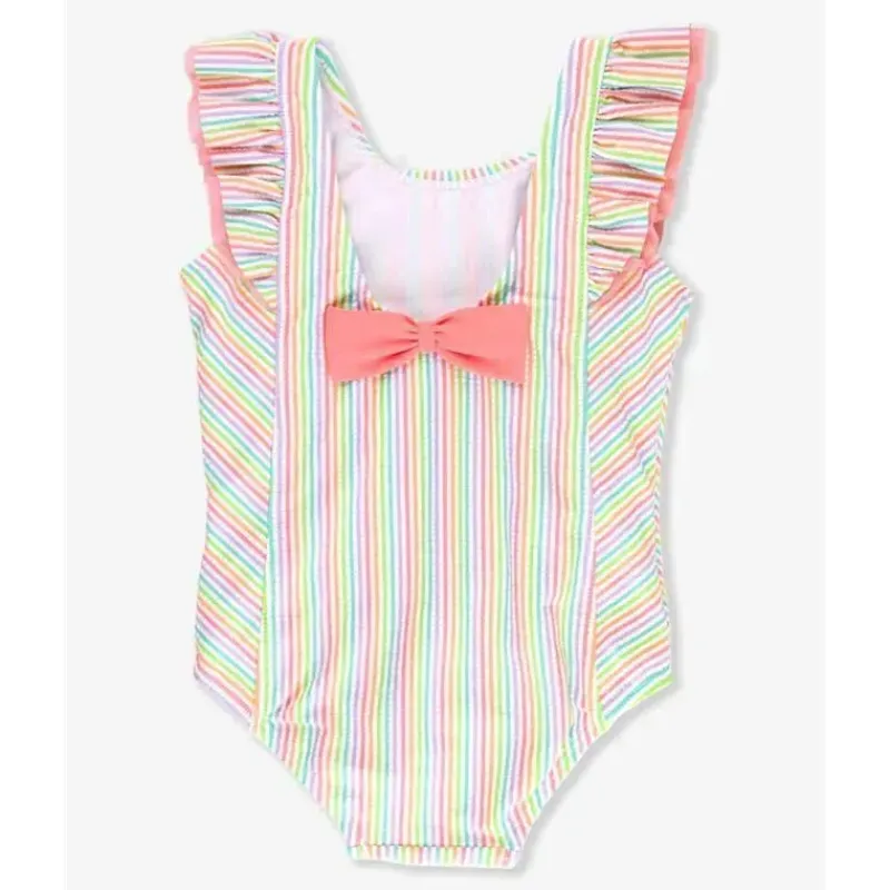 RuffleButts Baby Swimming Clothes*- Rainbow Seersucker Waterfall One Piece
