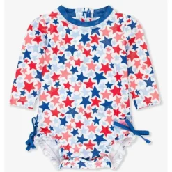 RuffleButts Baby Swimming Clothes*- Shimmer Star-Spangled Long Sleeve One Piece Rash Guard White With Stars