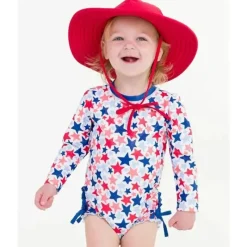 RuffleButts Baby Swimming Clothes*- Shimmer Star-Spangled Long Sleeve One Piece Rash Guard White With Stars