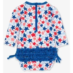 RuffleButts Baby Swimming Clothes*- Shimmer Star-Spangled Long Sleeve One Piece Rash Guard White With Stars