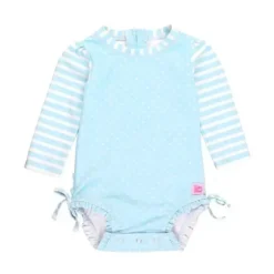 RuffleButts Baby Swimming Clothes*- Tropical Breeze Heart Polka Dot Long Sleeve Rash Guard, Blue