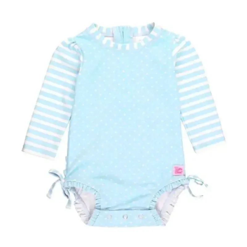RuffleButts Baby Swimming Clothes*- Tropical Breeze Heart Polka Dot Long Sleeve Rash Guard, Blue