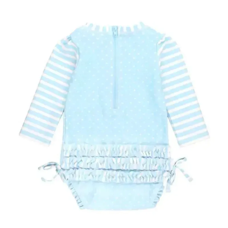 RuffleButts Baby Swimming Clothes*- Tropical Breeze Heart Polka Dot Long Sleeve Rash Guard, Blue