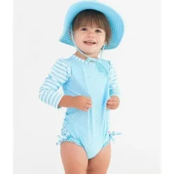 RuffleButts Baby Swimming Clothes*- Tropical Breeze Heart Polka Dot Long Sleeve Rash Guard, Blue