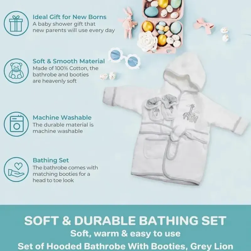 SpaSilk Bath Gift Set|Baby Robes*- 100% Cotton Hooded Terry Bathrobe with Booties Baby One Size Gifts, White Lion