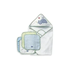 SpaSilk Bath Gift Set|Baby Bath Towels*- 4Pk Hooded Towel & 4Pk Washcloths, Blue Whale