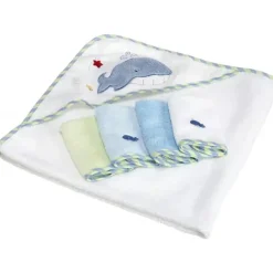 SpaSilk Bath Gift Set|Baby Bath Towels*- 4Pk Hooded Towel & 4Pk Washcloths, Blue Whale