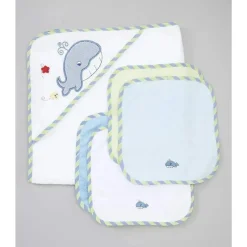 SpaSilk Bath Gift Set|Baby Bath Towels*- 4Pk Hooded Towel & 4Pk Washcloths, Blue Whale