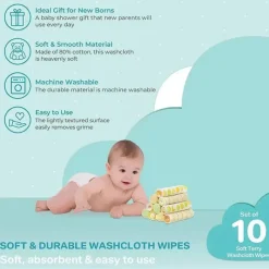 SpaSilk Baby Washcloths*- 10Pk Soft Terry Bath Washcloths, Yellow/Green Dots