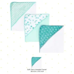 SpaSilk Bath Gift Set|Baby Bath Towels*- 3Pk Soft Terry Hooded Towel Set, Green Dots