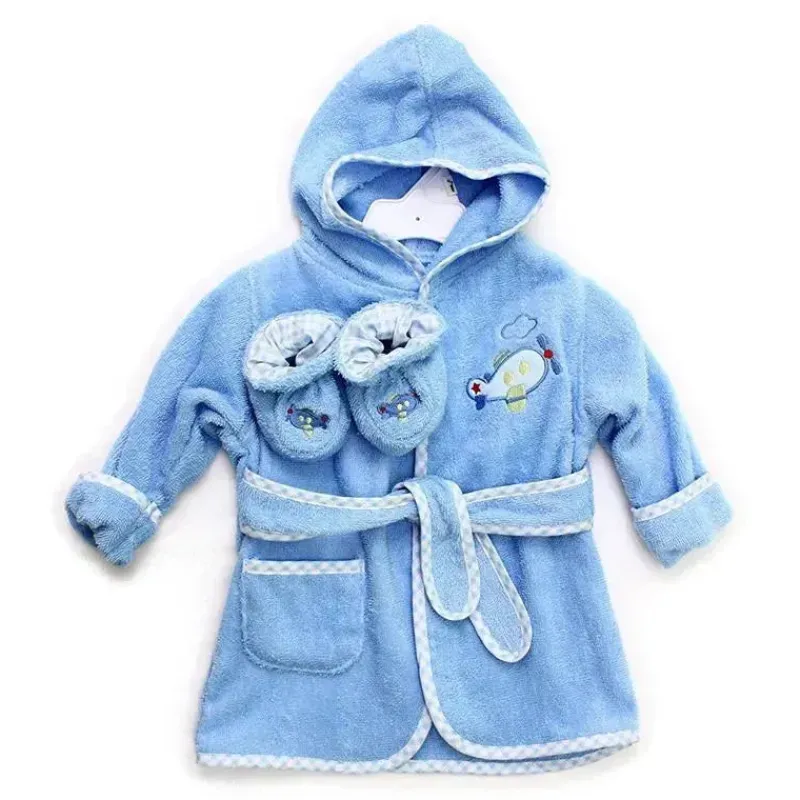 SpaSilk Baby Robes*Cotton Hooded Terry Bathrobe with Booties-Blue Plane