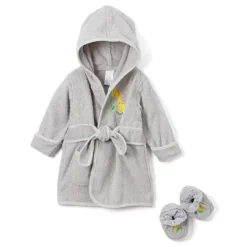 SpaSilk Baby Robes*Hooded Terry Bathrobe with Booties, Grey Giraffe (0-9M)