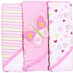 SpaSilk Baby Bath Towels*Soft Terry Hooded Towel Set, Pink Butterfly 3-Pack