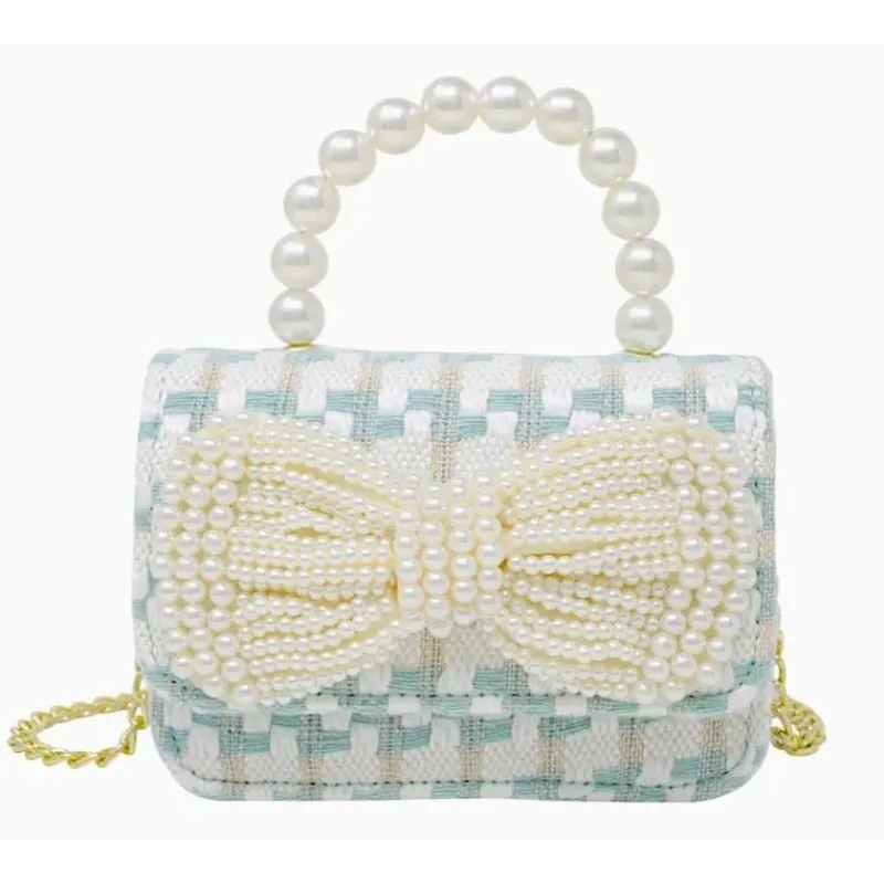 Tiny Treats Handbags & Accessories*- Tweed Pearl Handle Bow Purse, Blue