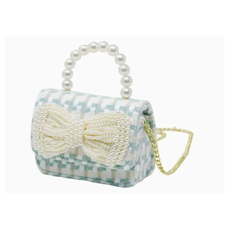 Tiny Treats Handbags & Accessories*- Tweed Pearl Handle Bow Purse, Blue