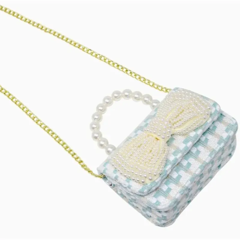 Tiny Treats Handbags & Accessories*- Tweed Pearl Handle Bow Purse, Blue