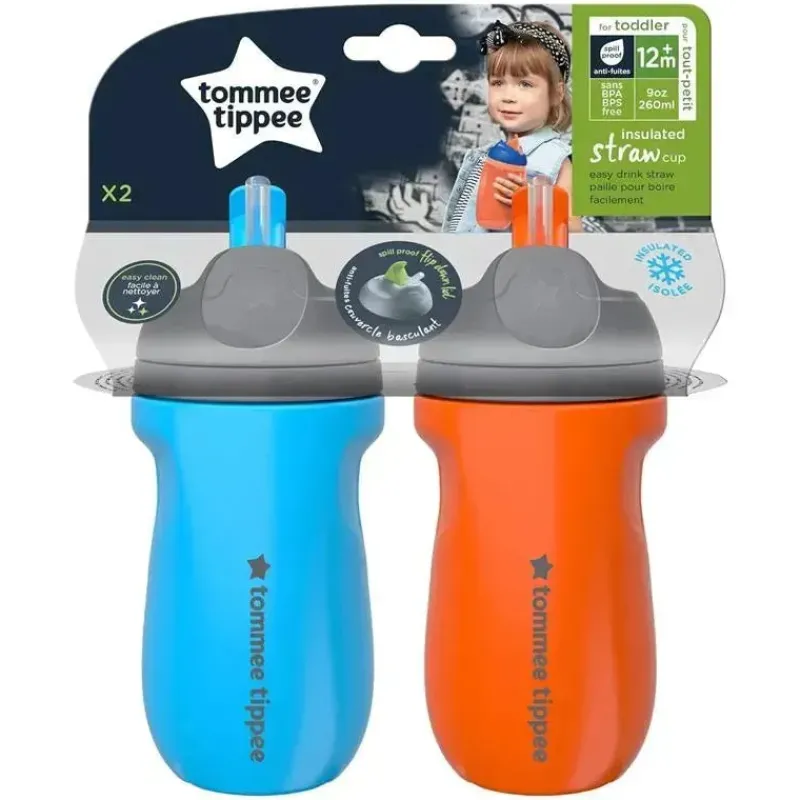 Tommee Tippee Straw, Sippy & Training Cups|Dishes, Utensils & Food Containers*- Insulated Straw Cup for Toddlers, Spill-Proof, 9oz, 12m+, 2-Count, Blue and Orange