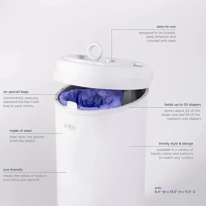 Ubbi Diaper Pails & Refills*- Steel Odor Locking Diaper Pail, White
