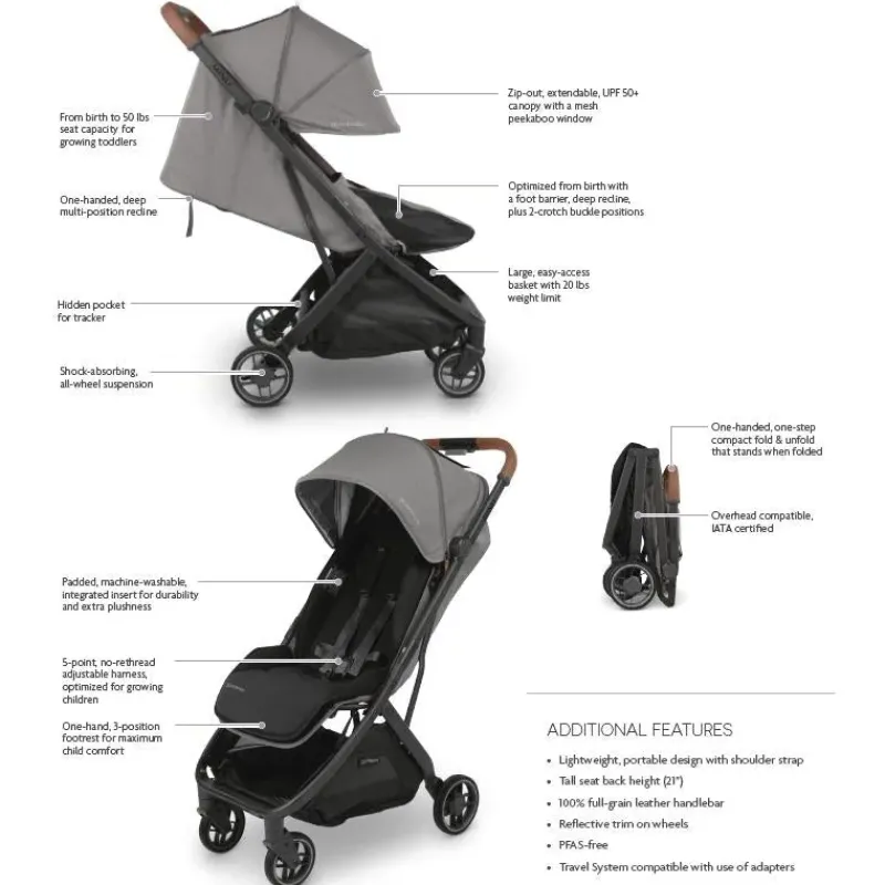 Uppababy Lightweight Strollers*- Minu V3 Compact Stroller, Greyson (Charcoal Mélange/Carbon Frame/Saddle Leather)