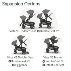 Uppababy Add-On Seats & Boards*- Rumbleseat V3 Second Lower Seat, Jake (Charcoal/Carbon Frame/Black Leather)