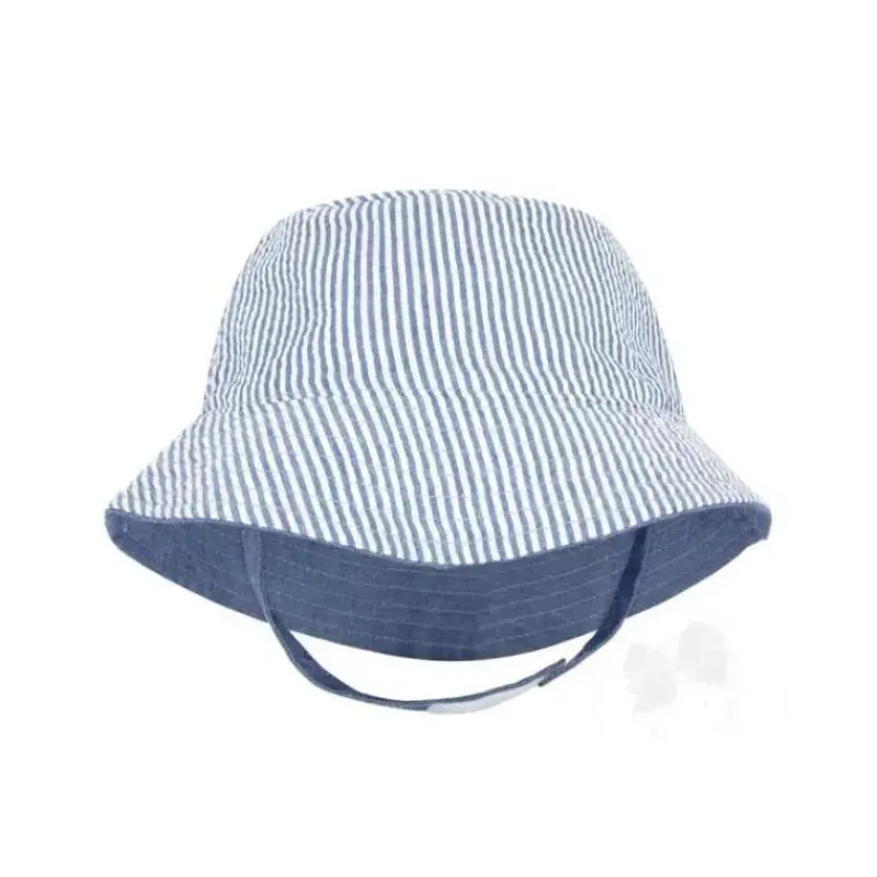 Wee Ones Baby Hats*- Boys Reversible Seersucker Sun Hat, Blue Stripes