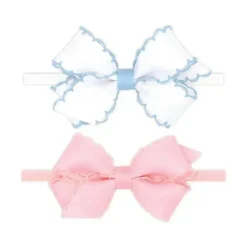 Wee Ones Baby Hair Accessories*- Two Mini Moonstitch Grosgrain Bows, Mini, White/Millennium Blue and Light Pink